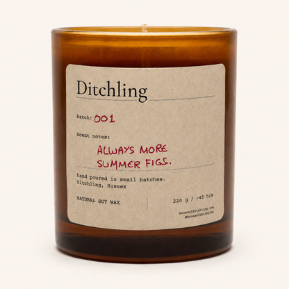 Amber glass ALWAYS MORE SUMMER FIGS scented soy candle by Ditchling, shown open on a clean white background.
